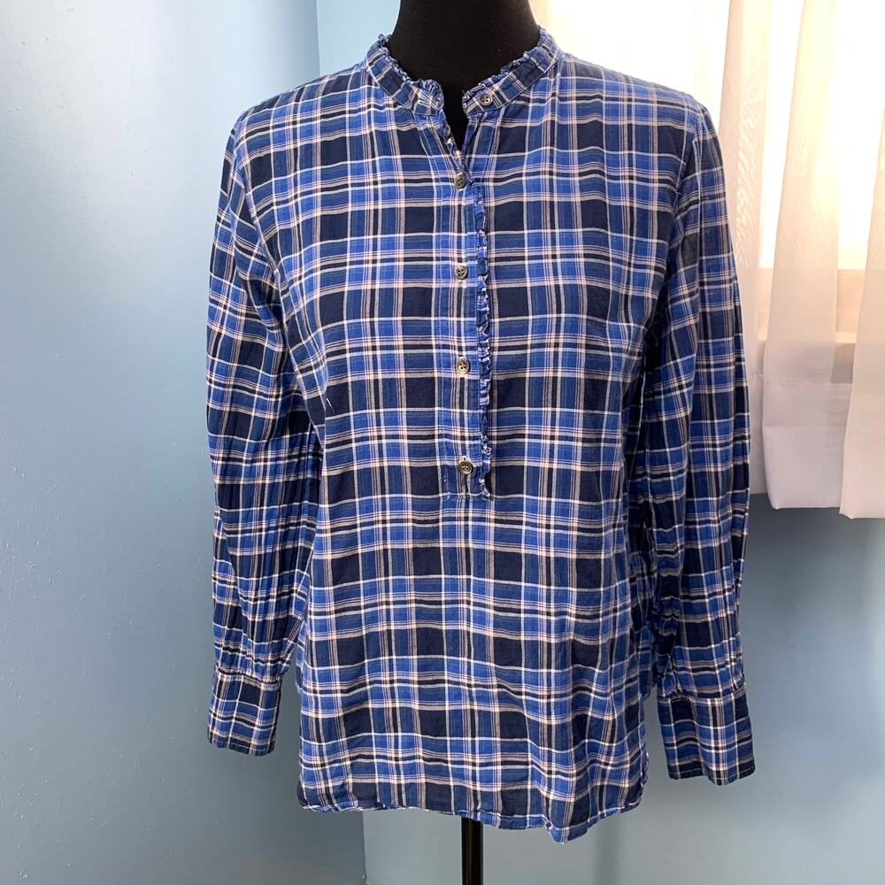 J. Crew Ocean Blue Plaid Ruffle Popover Shirt Size 8 - Picture 2 of 7
